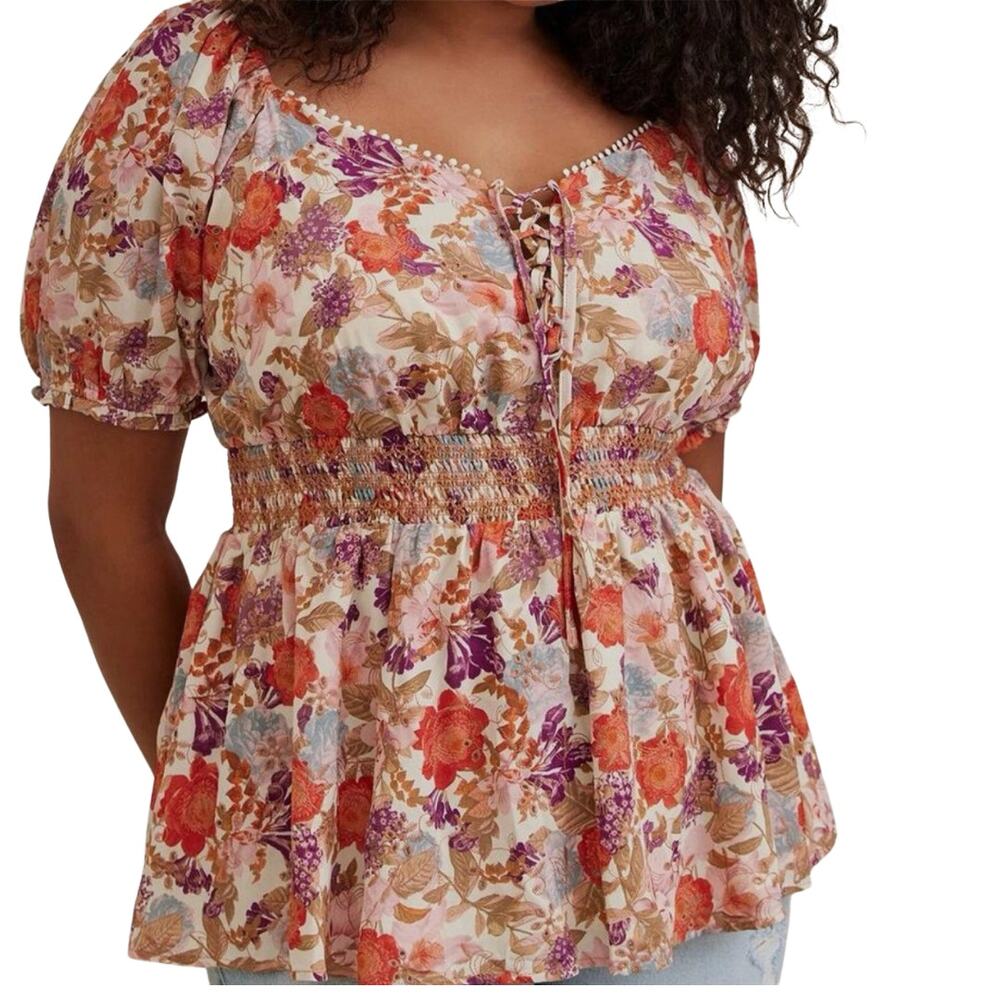 Torrid Orange Floral Georgette Eyelet Accents Puff Sleeve Blouse Smocked Sz 3X
